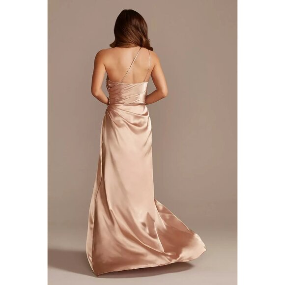 Galina Signature Charmeuse Draped One-Shoulder Plum Bridesmaid Dress Size 12 - Picture 4 of 11